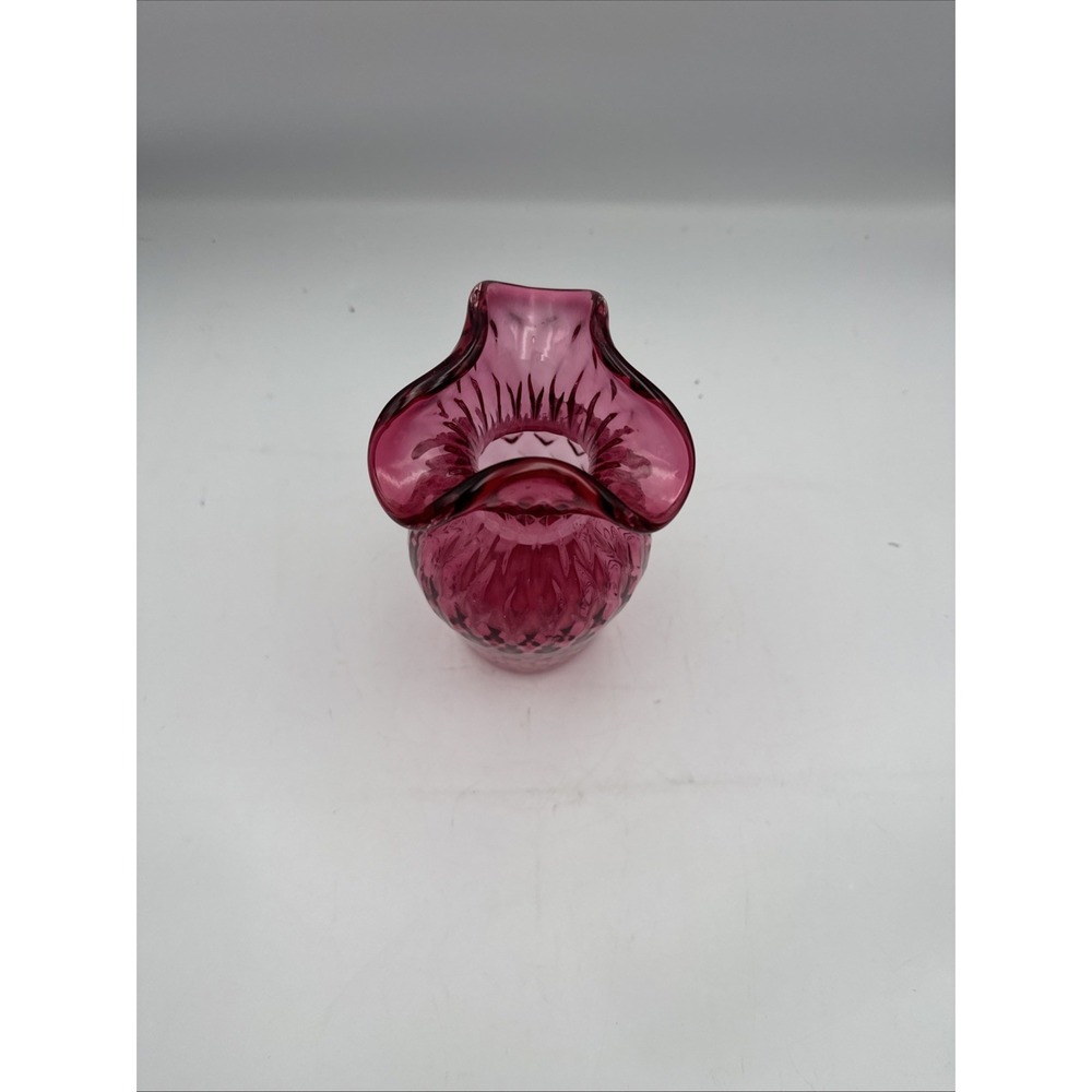 Vintage Hand Blown 8" Cranberry Glass Vase w/ Scalloped Rim & Diamond Pattern - Picture 4 of 14